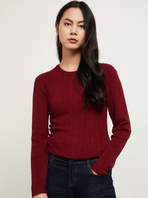 

max Women Maroon Ribbed Pullover Sweater