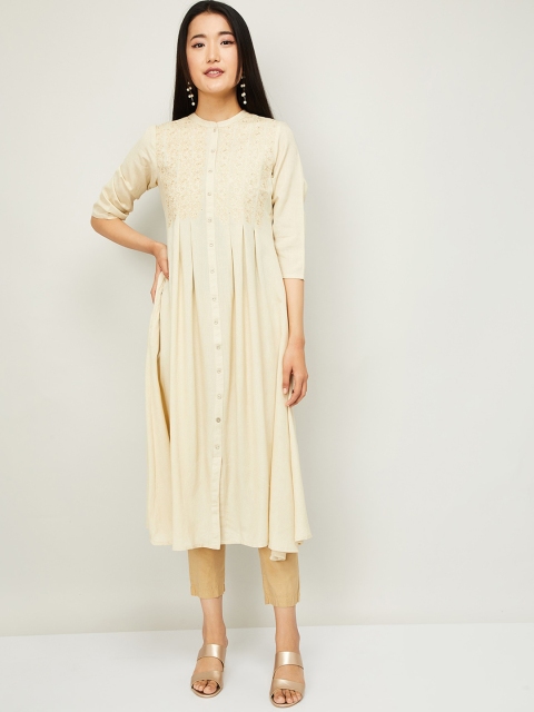Melange by Lifestyle Women Beige Floral Embroidered Thread Work Kurta