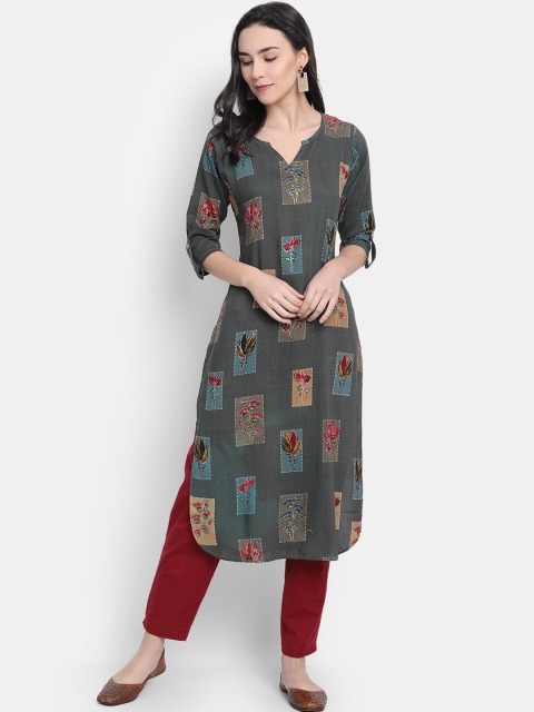 

7Threads Women Green Geometric Printed Thread Work Kurta