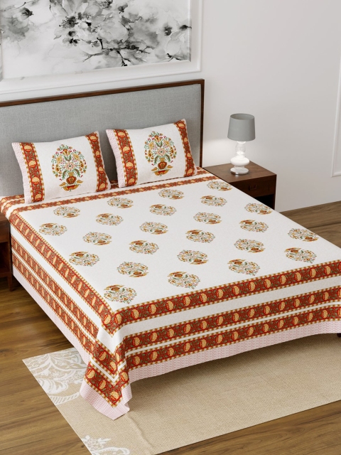

Salona Bichona White & Orange Ethnic Motifs 120 TC Cotton 1 King Bedsheet with 2 Pillow Covers