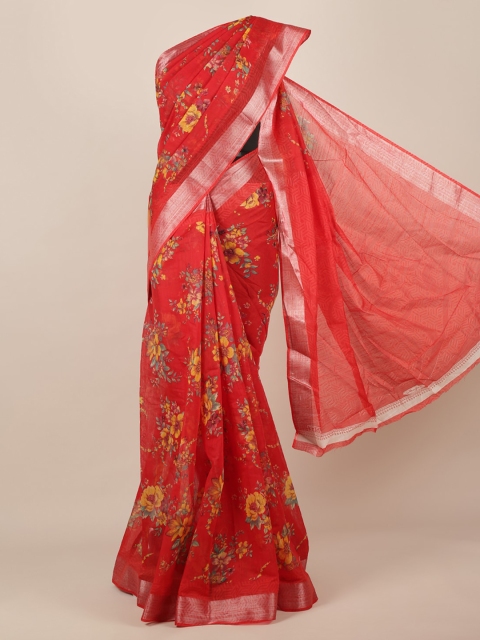 

Pothys Red & Silver-Toned Jute Silk Printed Saree
