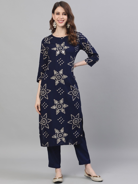 

Ishin Women Navy Blue Bandhani Printed Kurta with Trousers