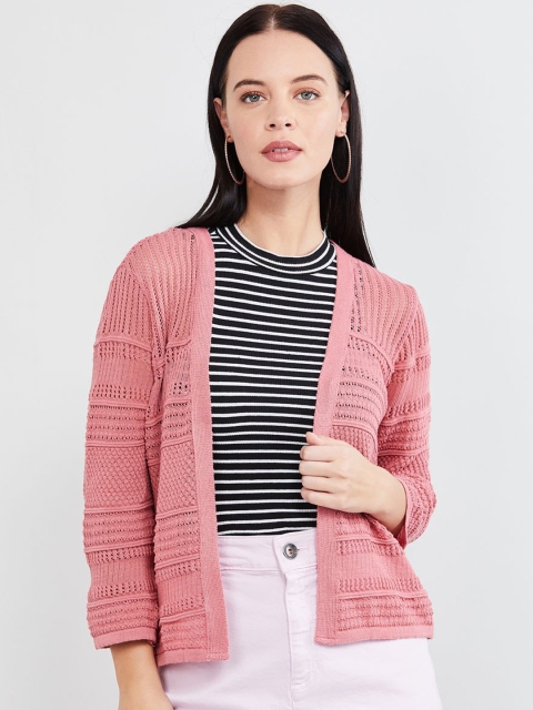 

max Women Pink Self Design Cotton Open Front Shrug