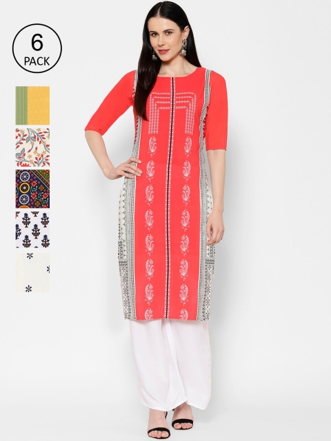 

7Threads Women Pack of 6 Printed Crepe Kurtas, Pink