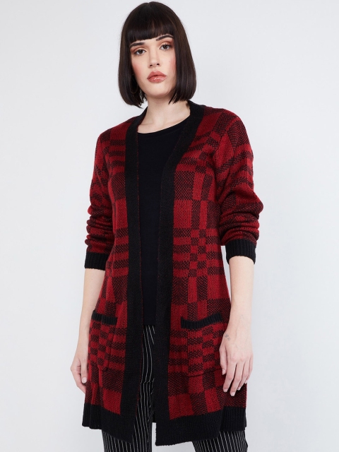

max Women Red & Black Checked Open Front Shrug