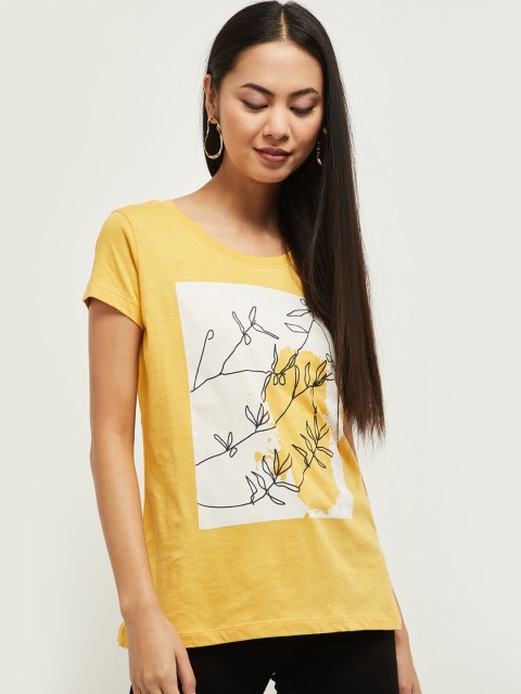 

max Women Yellow Printed Round Neck Cotton Pure Cotton T-shirt