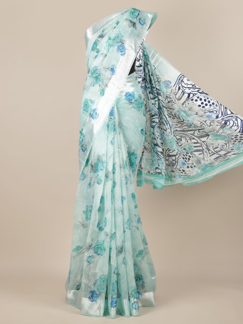 

Pothys Turquoise Blue Printed Jute Silk Saree