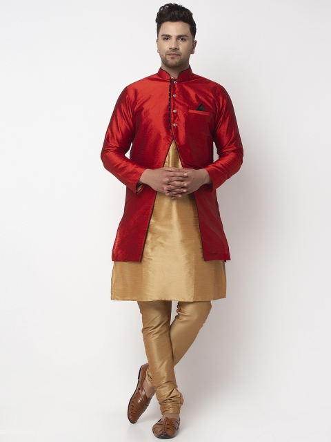 

Benstoke Men Gold-coloured & Red Self-Design Sherwani Set