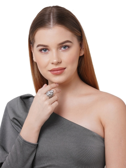 

shaze Women Silver-Plated CZ-Studded Night Bloom Finger Ring