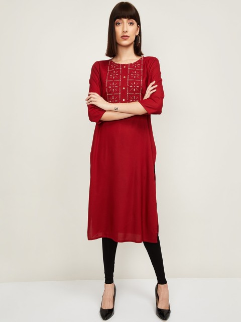

Melange by Lifestyle Women Maroon Geometric Yoke Design Thread Work Kurta