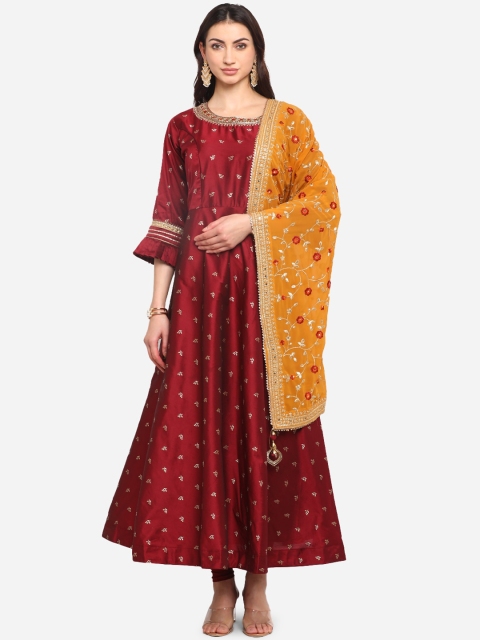 

BOMBAY SELECTIONS Women Maroon & Yellow Woven Design Kurta with Trousers & Dupatta