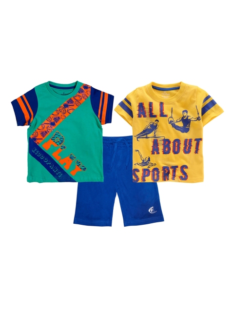 

KiddoPanti Boys Sea Green & Yellow Printed T-shirt with Shorts