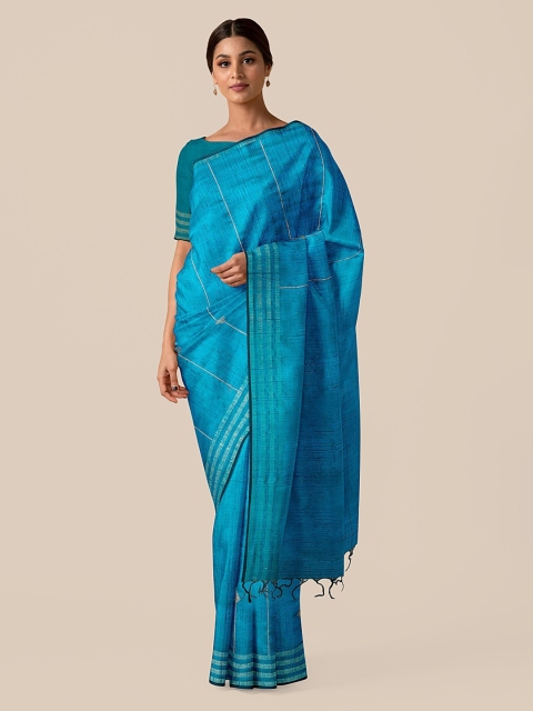 

Taneira Blue & Gold-Toned Pure Silk Striped Bhagalpuri Saree