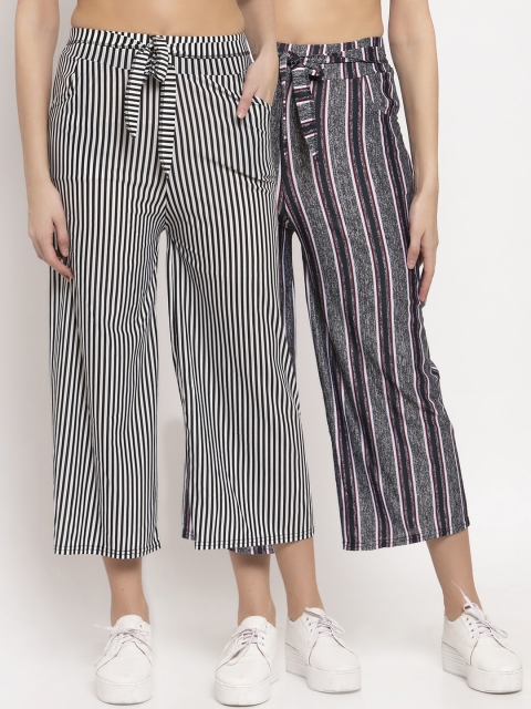 

KLOTTHE Women Pack of 2 Grey & Black Striped Wide Leg Palazzos