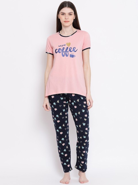 

Kanvin Women Navy Blue & Pink Printed Night suit