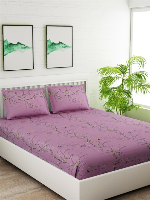 Salona Bichona Pink & Grey Floral 144 TC Cotton 1 King Bedsheet with 2 Pillow Covers