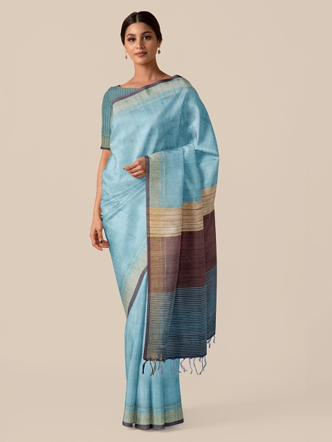 

Taneira Blue & Gold-Toned Pure Silk Solid Bhagalpuri Saree