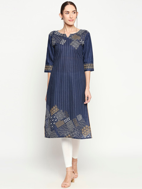 

SALWAR STUDIO Women Navy Blue Printed Thread Work Handloom Kurta
