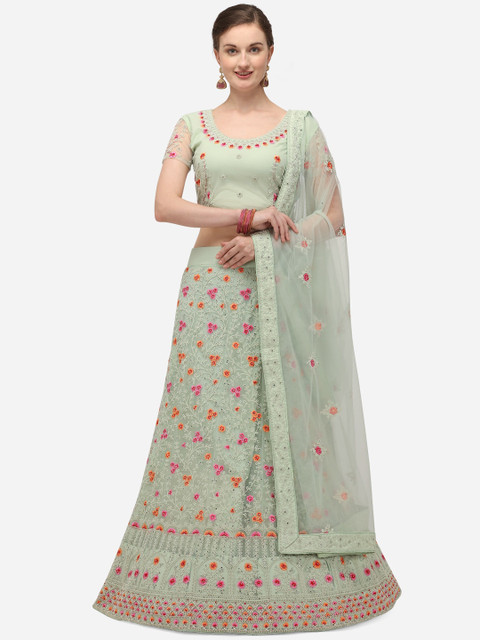 

Netram Lime Green & Pink Embroidered Semi-Stitched Lehenga & Blouse with Dupatta