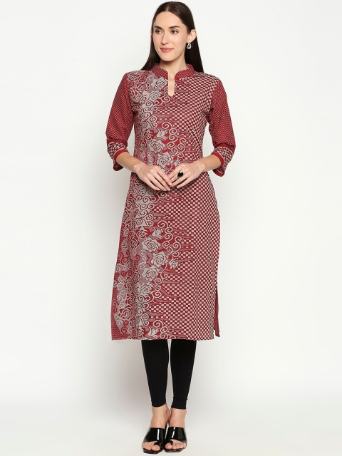

SALWAR STUDIO Women Maroon Floral Printed Thread Work Handloom Kurta