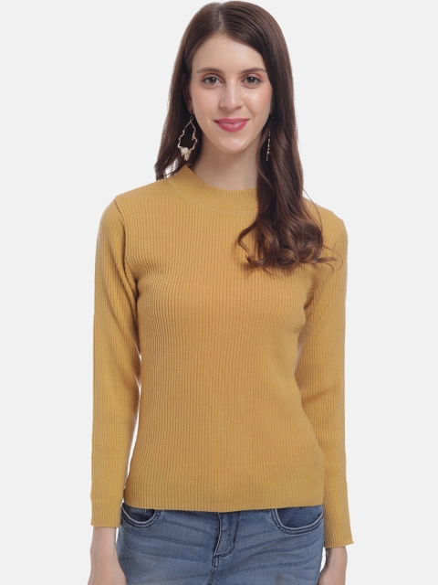 

HALTON HILLS Women Camel Brown Self Design Ribbed Pullover, Mustard