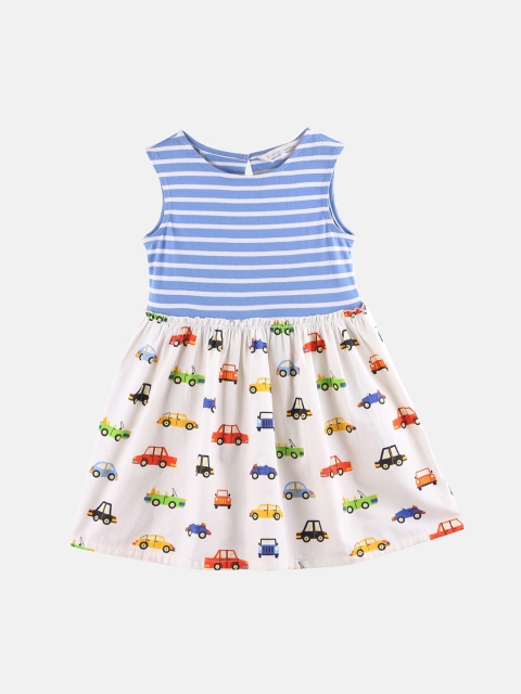 

Beebay Girls Off-White & Blue Printed Fit and Flare Dress