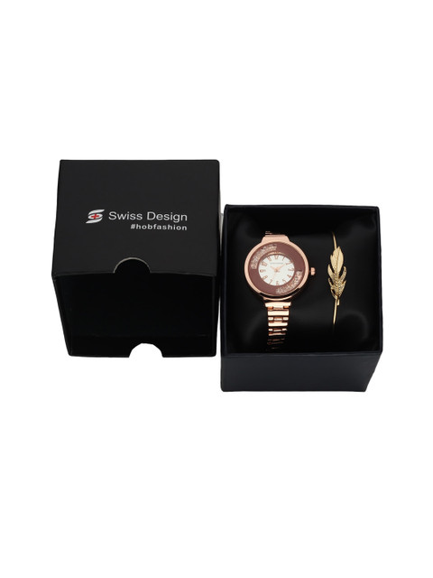 

Swiss Design Women Rose Gold Toned & Brown Watch & Bracelet Gift Set SDWGift Set-69