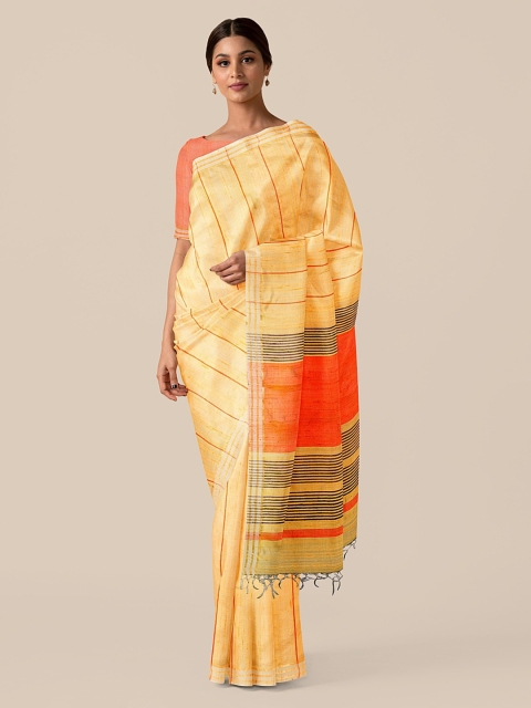 

Taneira Yellow Pure Silk Striped Bhagalpuri Saree