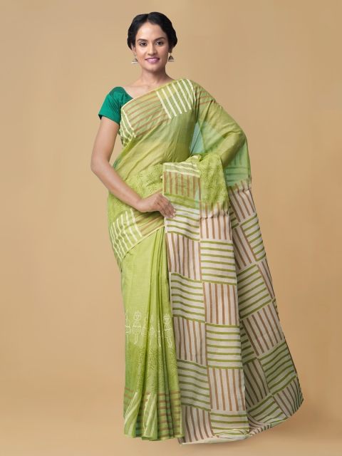 Unnati Silks Green Organza Striped Kota Saree