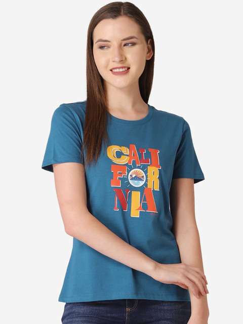 

Mode by Red Tape Women Teal Blue & Yellow Printed Round Neck T-shirt