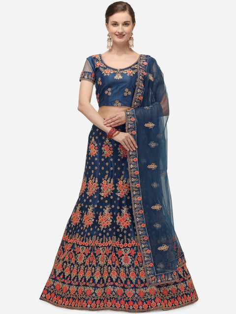 

Netram Navy Blue & Peach-Coloured Embroidered Unstitched Lehenga & Blouse with Dupatta