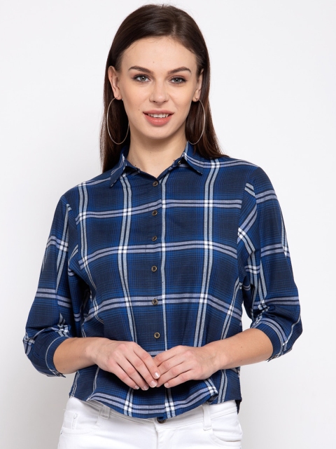 

Style Quotient Women Navy Blue & White Boxy Checked Casual Shirt