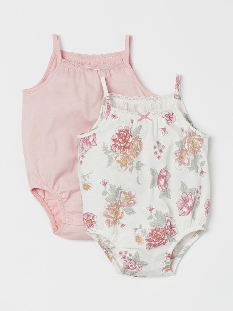 

H&M Infant Girls 2-pack Multicoloured Printed Cotton Lace-trimmed Bodysuits, Multi