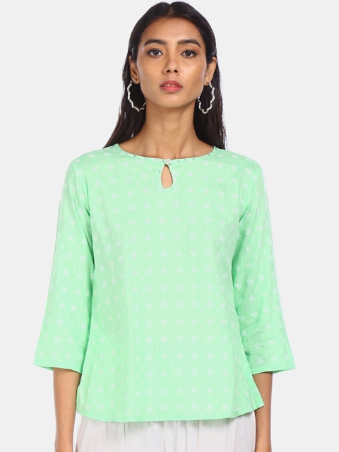 

Karigari Green Floral Printed Keyhole Neck Top
