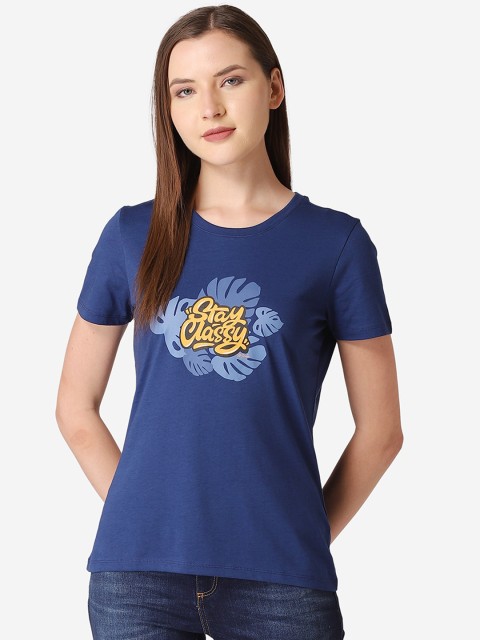 

Mode by Red Tape Women Navy Blue & Yellow Printed Round Neck T-shirt