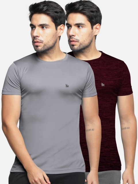 

BULLMER Men Burgundy & Grey Solid Round Neck T-shirt Set of 2