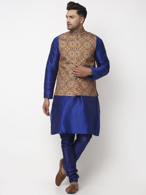 

Benstoke Men Blue & Beige Solid Kurta with Churidar & Jacket