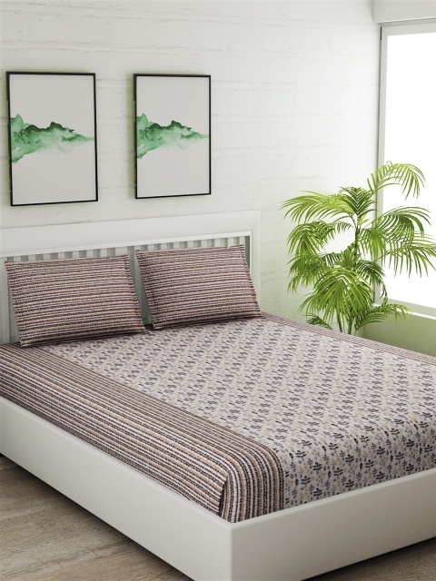 

Salona Bichona Brown & Off-White Conversational 144 TC Cotton 1 King Bedsheet with 2 Pillow Covers