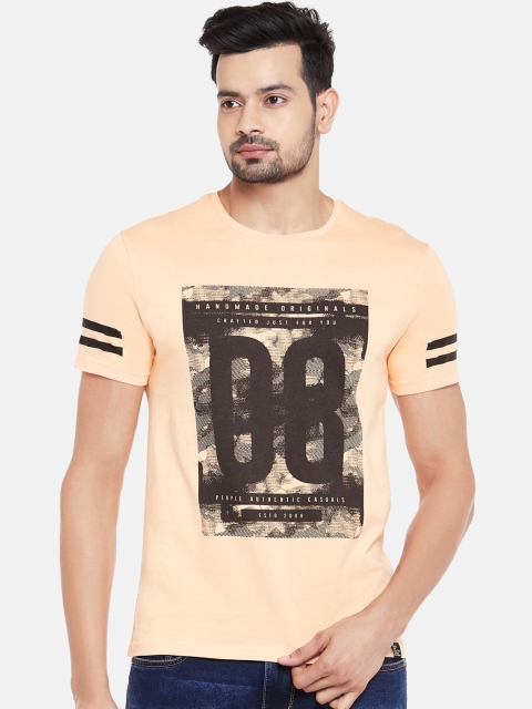 

People Men Peach-Coloured Printed Round Neck Cotton Pure Cotton T-shirt
