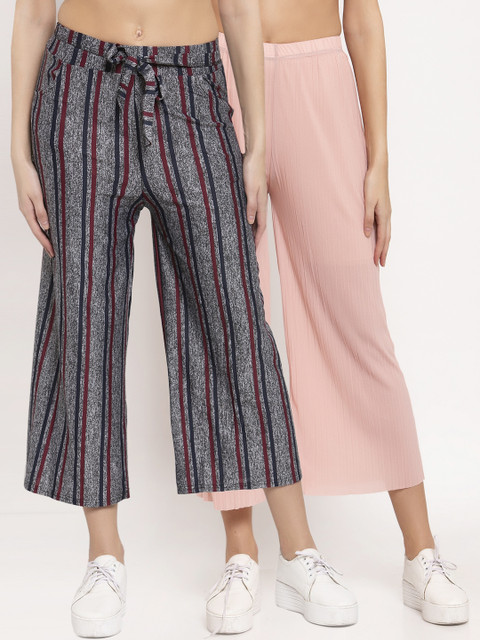 

KLOTTHE Women Pink & Grey Striped Wide Leg Palazzos Set of 2
