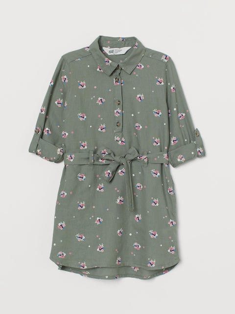 

H&M Girls Olive Green & Pink Belted Shirt Dress