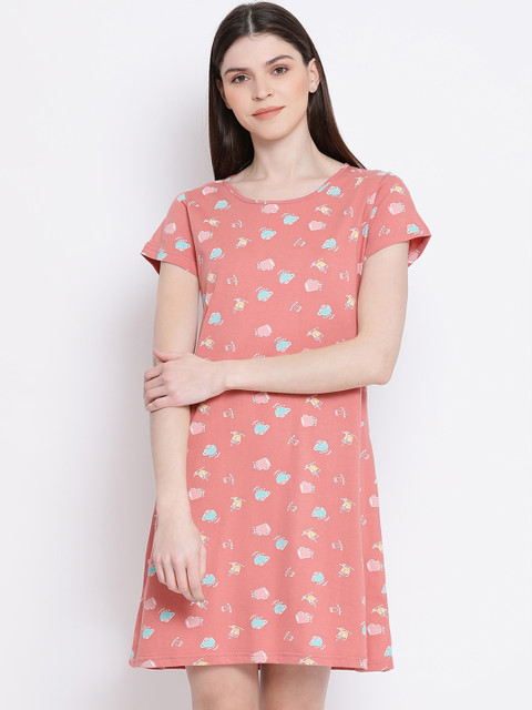 

Kanvin Peach-Coloured & Blue Printed Nightdress