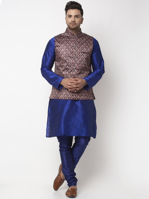 

Benstoke Men Blue Solid Kurta with Churidar & Nehru Jacket