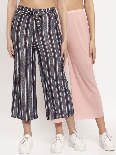 

KLOTTHE Women Pink & Grey Striped Wide Leg Palazzos Set of 2
