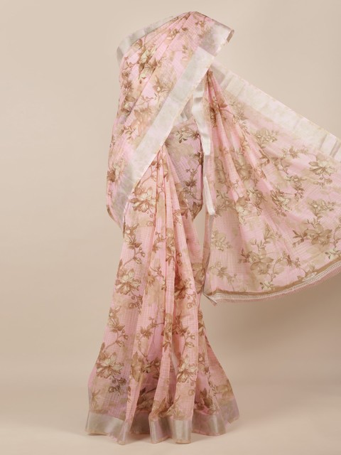 

Pothys Pink & Silver-Toned Jute Silk Printed Saree