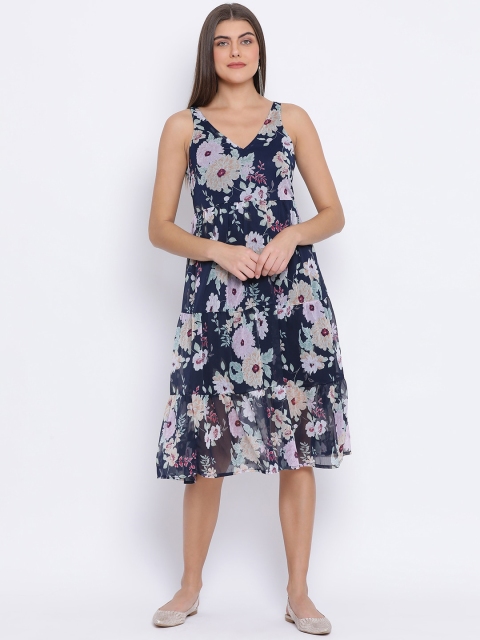 

Oxolloxo Women Navy Blue Printed Fit and Flare Dress
