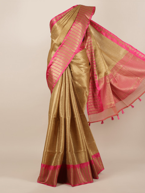 

Pothys Gold-Toned & Pink Jute Silk Woven Design Saree With Tasseled Pallu