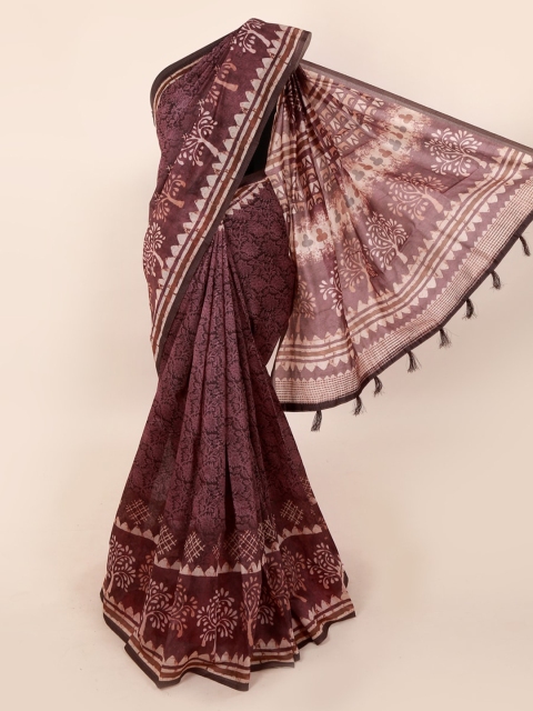 

Pothys Burgundy Printed Cotton Blend Saree With Tasseled Pallu
