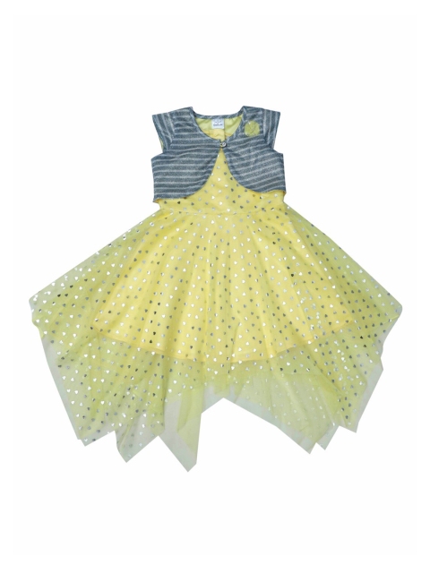 

Doodle Girls Yellow Printed Fit and Flare Dress with Grey Striped Shrug
