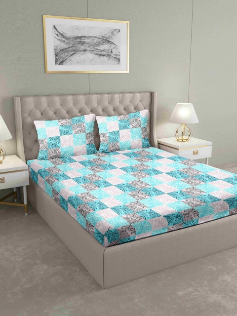 

BELLA CASA Turquoise Blue & Grey Ethnic Motifs 160 TC Cotton 1 King Bedsheet with 2 Pillow Covers